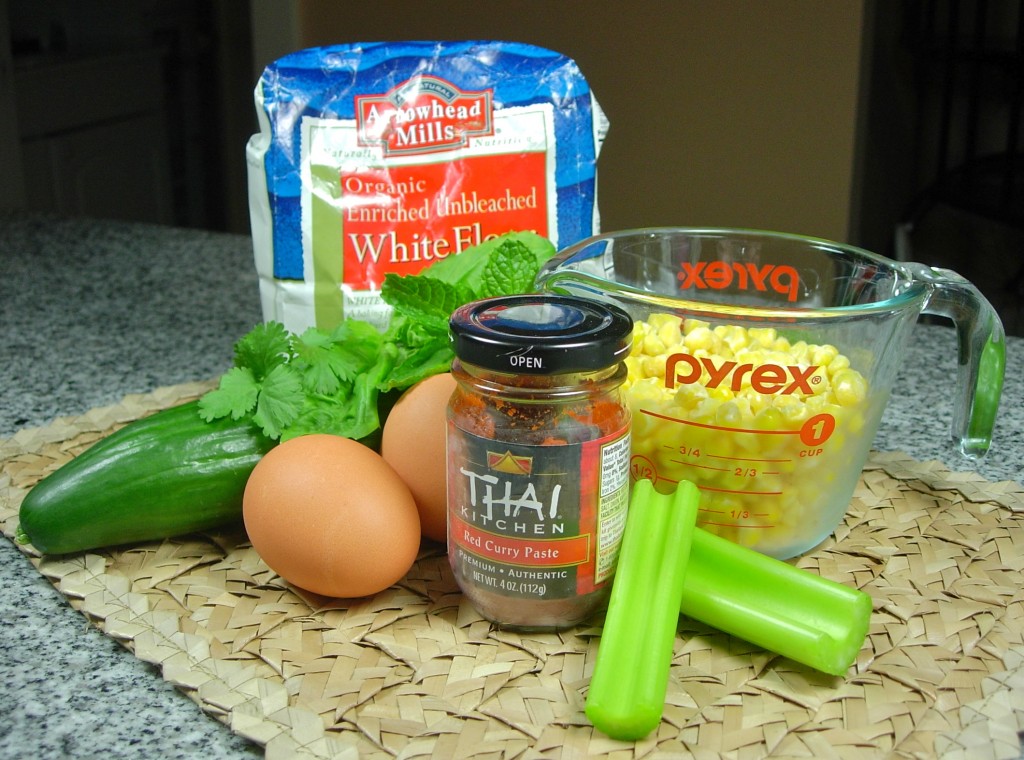 Ingredients for fritters and fresh cucumber relish